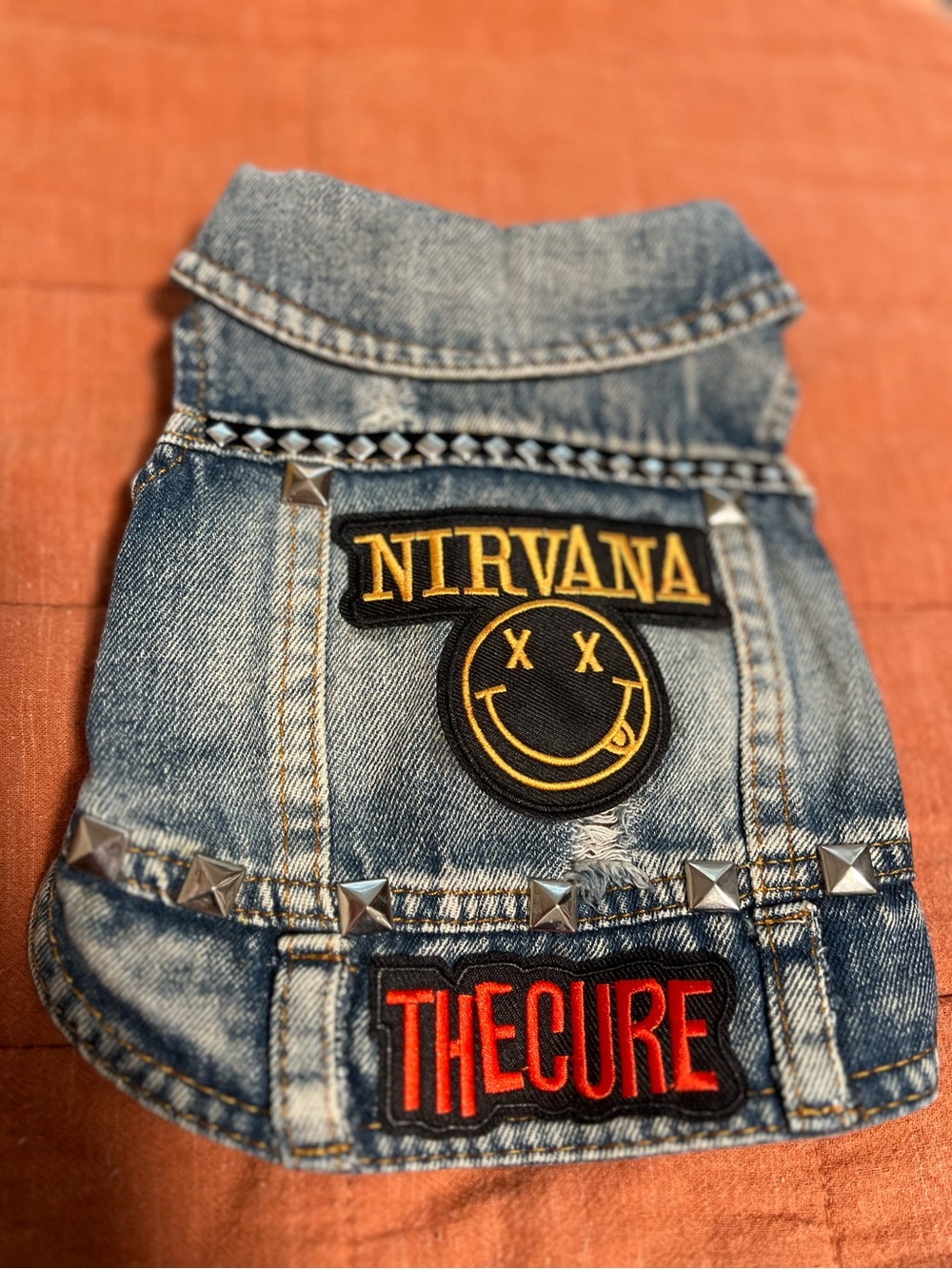 NIRVANA, THE CURE Dog Patch Denim Vest in Blue with Yellow & Red Accents